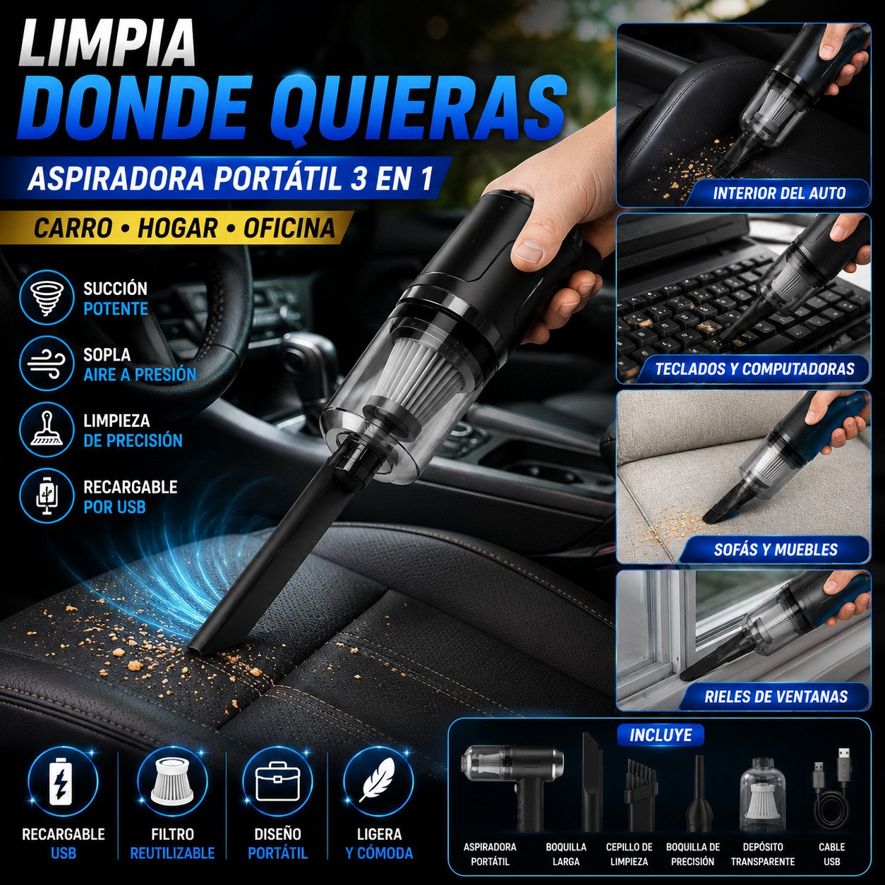 Aspiradora Portátil 3 En 1 Recargable - Image 2