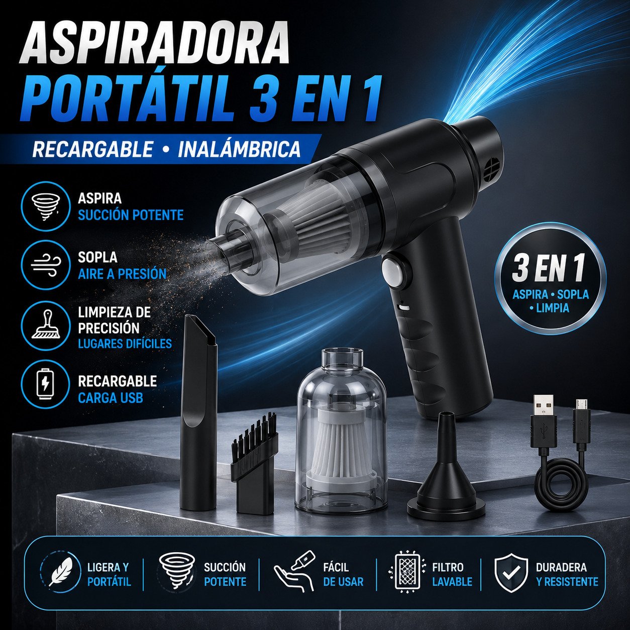 Aspiradora Portátil 3 En 1 Recargable